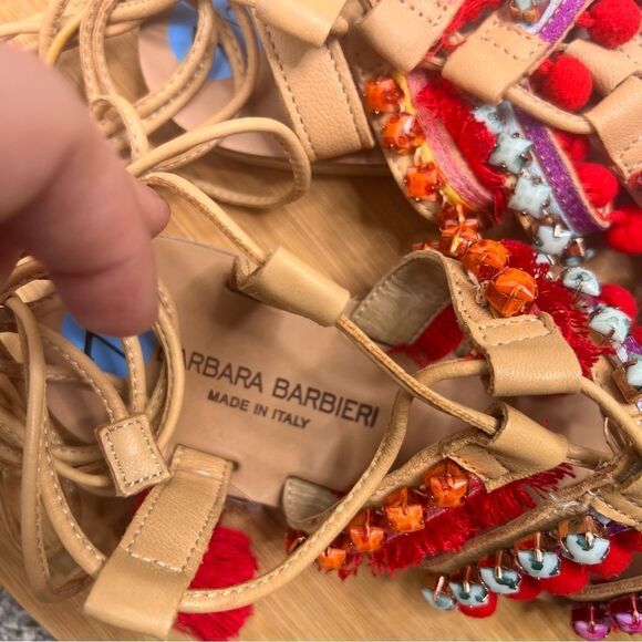 Sz 7.5 Barbara Barbieri Leather Lace Up Tassel Studded Pom Pom Strappy Sandals - Picture 9 of 13